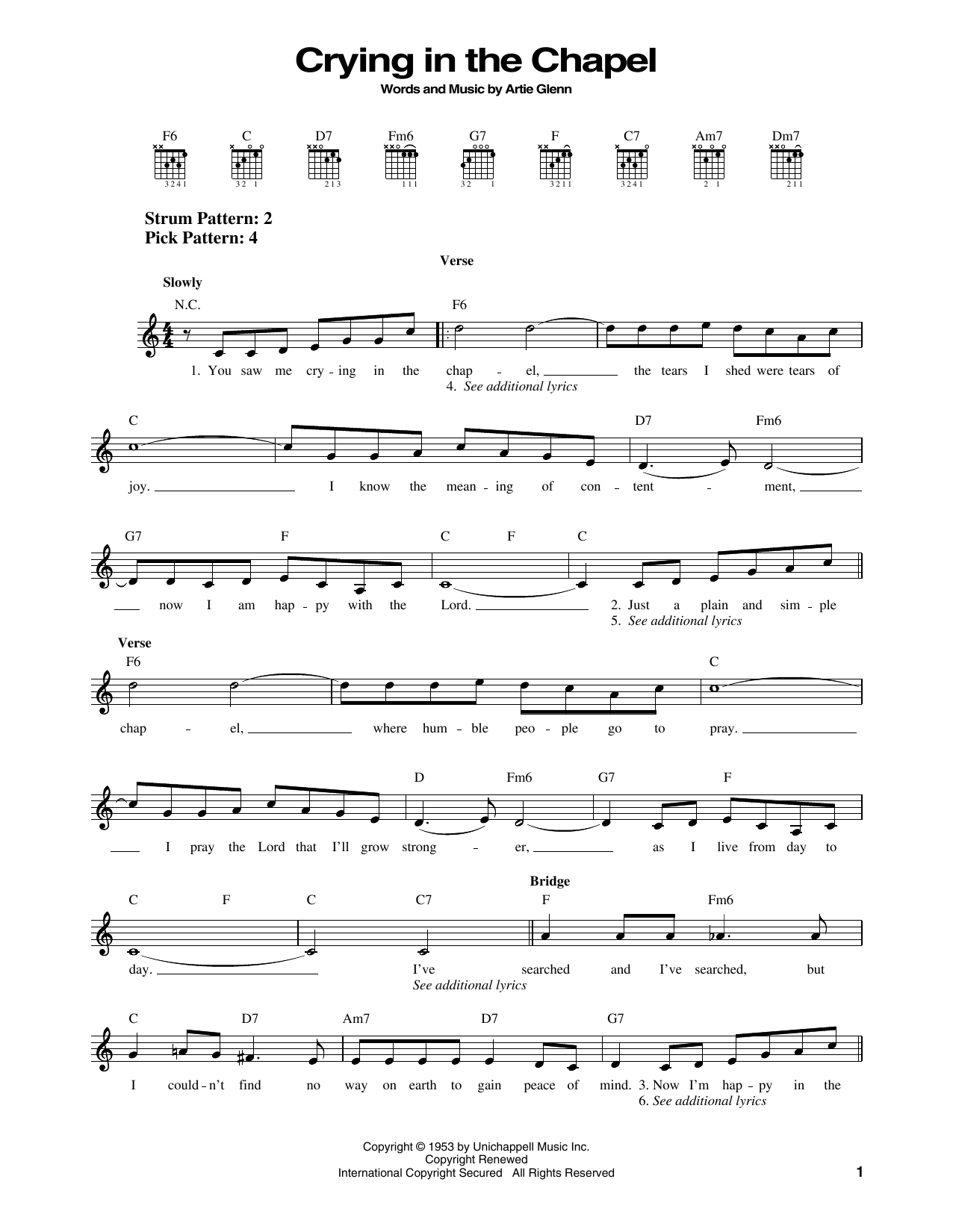 Elvis Presley Cryin' In The Chapel sheet music notes and chords. Download Printable PDF.