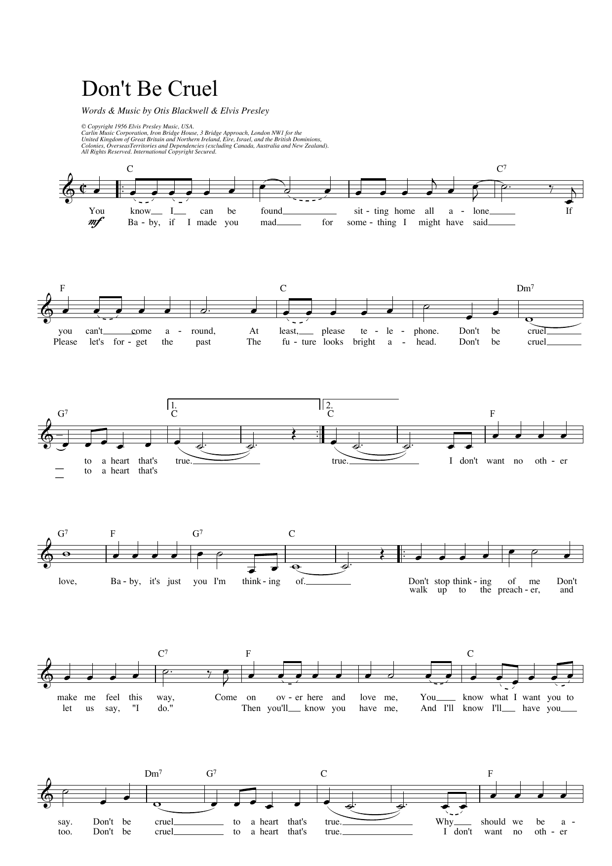 Elvis Presley Don't Be Cruel sheet music notes and chords. Download Printable PDF.