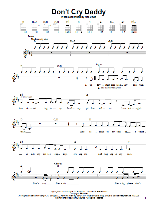 Elvis Presley Don't Cry Daddy sheet music notes and chords. Download Printable PDF.