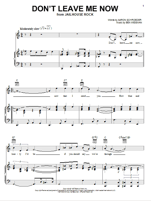 Learn to play Elvis Presley Don't Leave Me Now sheet music for Piano, Vocal & Guitar Chords (Right-Hand Melody) in minutes. Price: 7.8900$ Elvis Presley Don't Leave Me Now sheet music notes and chords arranged for Piano, Vocal & Guitar Chords (Right-Hand Melody)