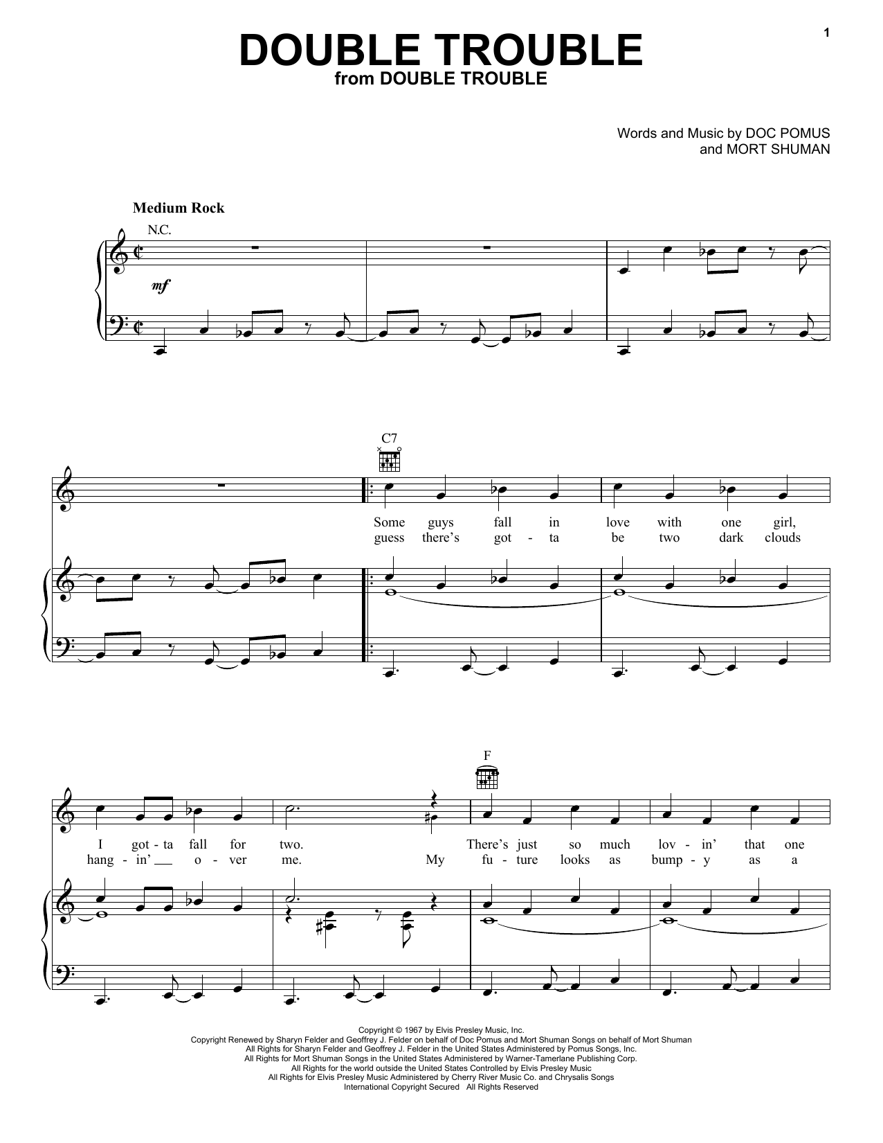 Elvis Presley Double Trouble sheet music notes and chords arranged for Piano, Vocal & Guitar Chords (Right-Hand Melody)