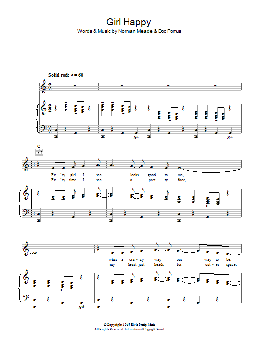 Learn to play Elvis Presley Girl Happy sheet music for Piano, Vocal & Guitar Chords in minutes. Price: 7.8900$ Elvis Presley Girl Happy sheet music notes and chords arranged for Piano, Vocal & Guitar Chords