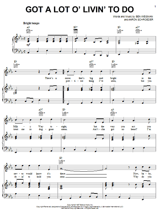 Elvis Presley Got A Lot O' Livin' To Do sheet music notes and chords arranged for Piano, Vocal & Guitar Chords (Right-Hand Melody)