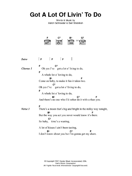 Elvis Presley Got A Lot Of Livin' To Do sheet music notes and chords. Download Printable PDF.