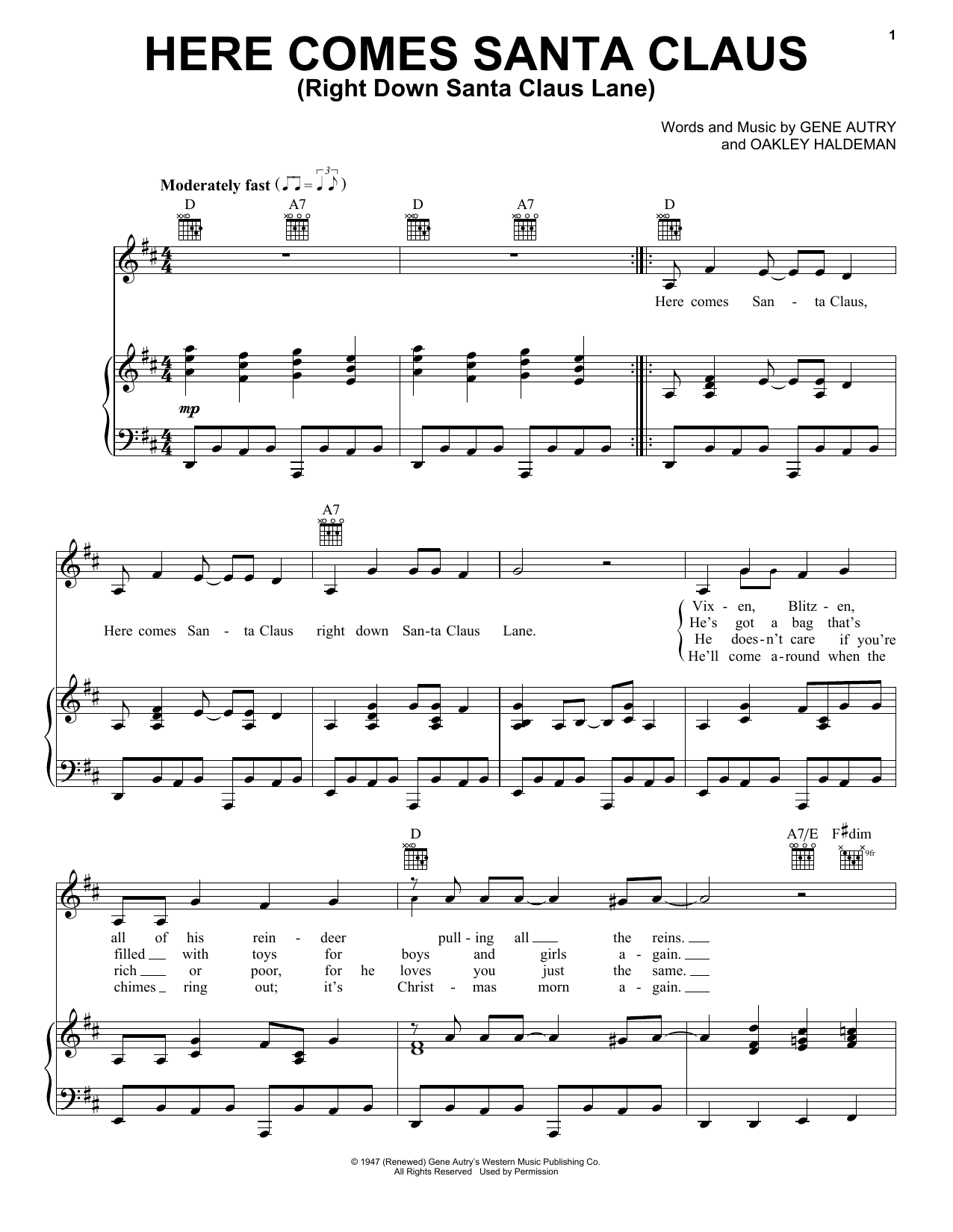 Elvis Presley Here Comes Santa Claus (Right Down Santa Claus Lane) sheet music notes and chords. Download Printable PDF.