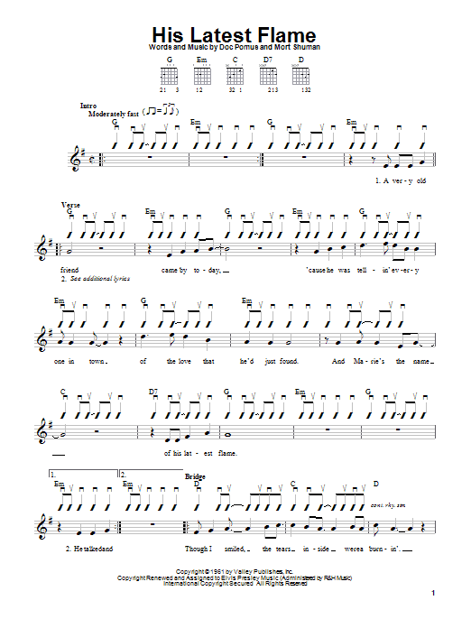 Elvis Presley His Latest Flame sheet music notes and chords. Download Printable PDF.