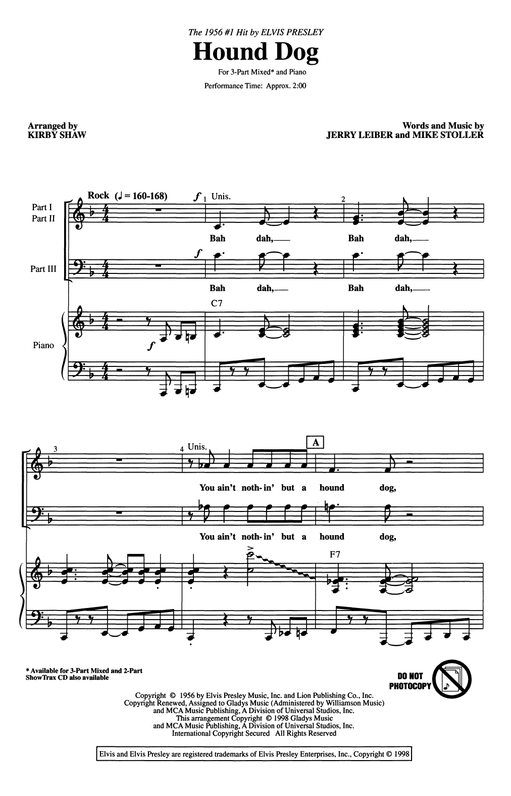 Learn to play Elvis Presley Hound Dog (arr. Kirby Shaw) sheet music for 3-Part Mixed Choir in minutes. Price: 3.9900$ Elvis Presley Hound Dog (arr. Kirby Shaw) sheet music notes and chords arranged for 3-Part Mixed Choir
