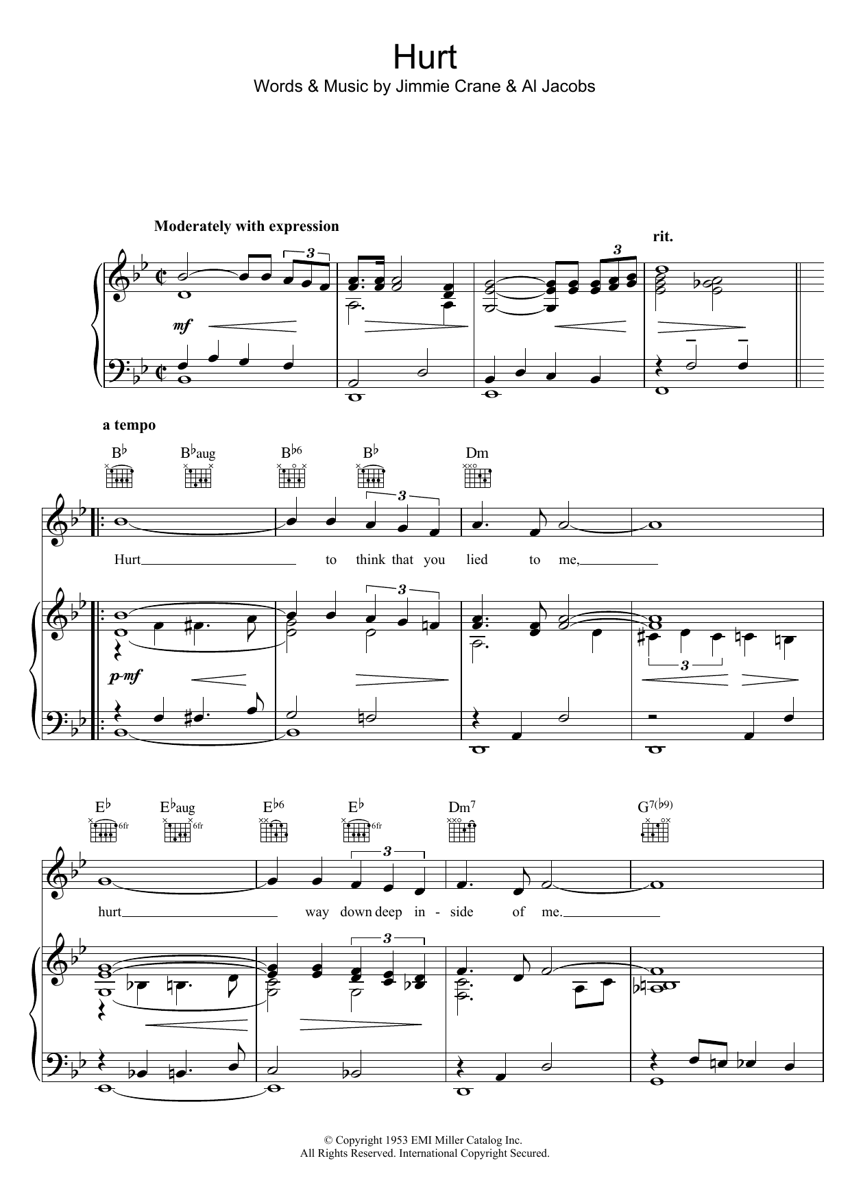 Elvis Presley Hurt sheet music notes and chords arranged for Piano, Vocal & Guitar Chords