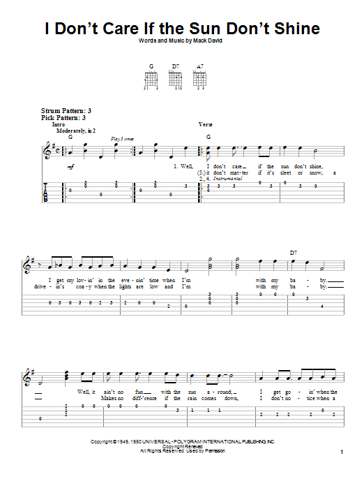 Elvis Presley I Don't Care If The Sun Don't Shine sheet music notes and chords. Download Printable PDF.