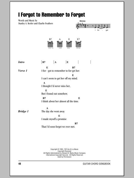 Elvis Presley I Forgot To Remember To Forget sheet music notes and chords. Download Printable PDF.