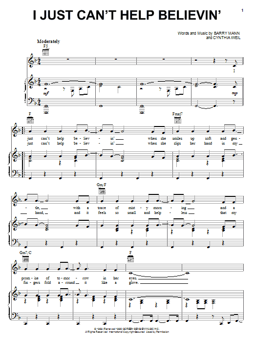 Elvis Presley I Just Can't Help Believin' sheet music notes and chords. Download Printable PDF.