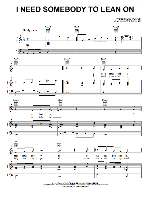 Learn to play Elvis Presley I Need Somebody To Lean On sheet music for Piano, Vocal & Guitar Chords (Right-Hand Melody) in minutes. Price: 7.8900$ Elvis Presley I Need Somebody To Lean On sheet music notes and chords arranged for Piano, Vocal & Guitar Chords (Right-Hand Melody)