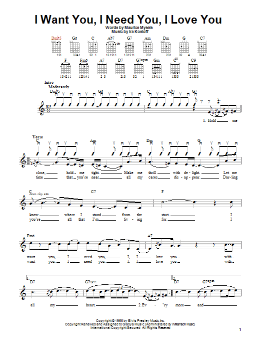 Elvis Presley I Want You, I Need You, I Love You sheet music notes and chords. Download Printable PDF.