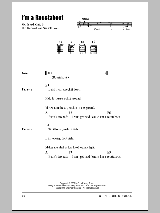 Elvis Presley I'm A Roustabout sheet music notes and chords. Download Printable PDF.