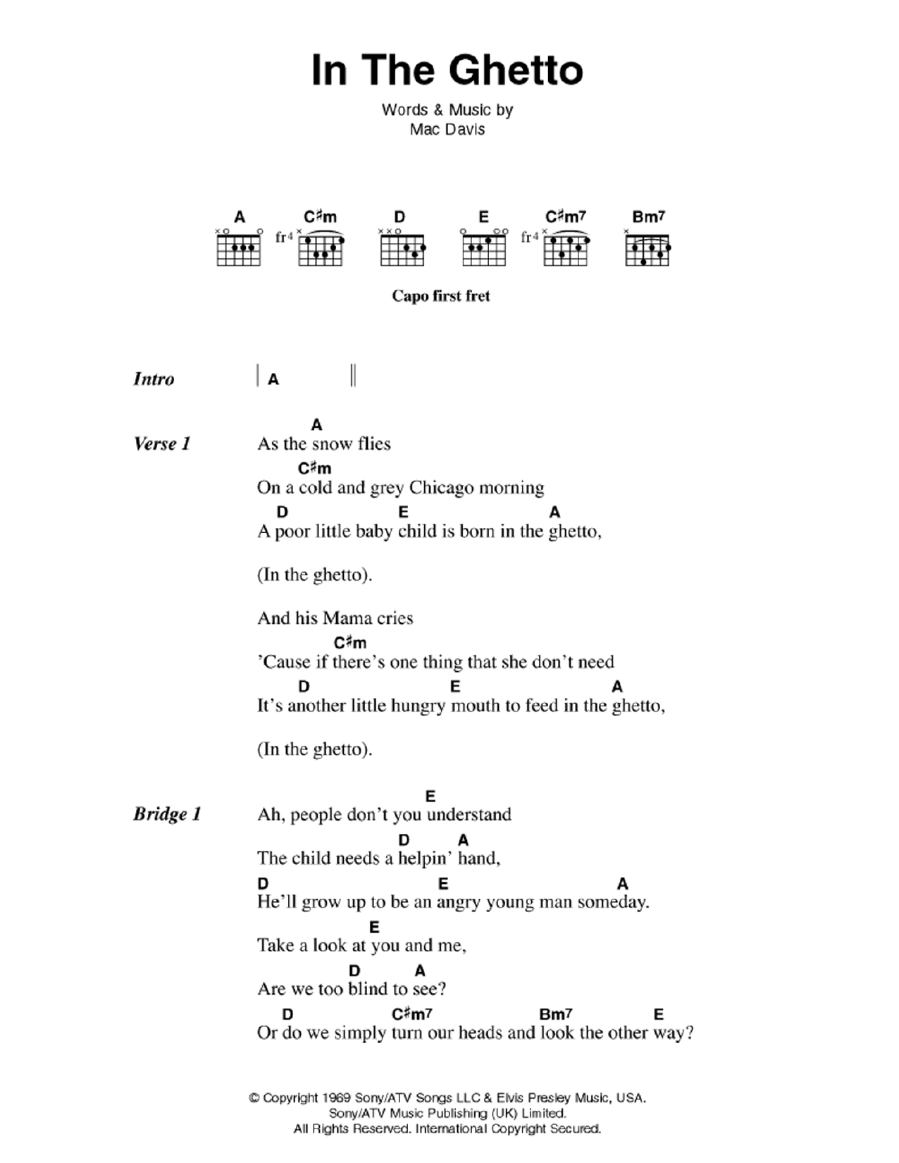 Elvis Presley In The Ghetto sheet music notes and chords. Download Printable PDF.