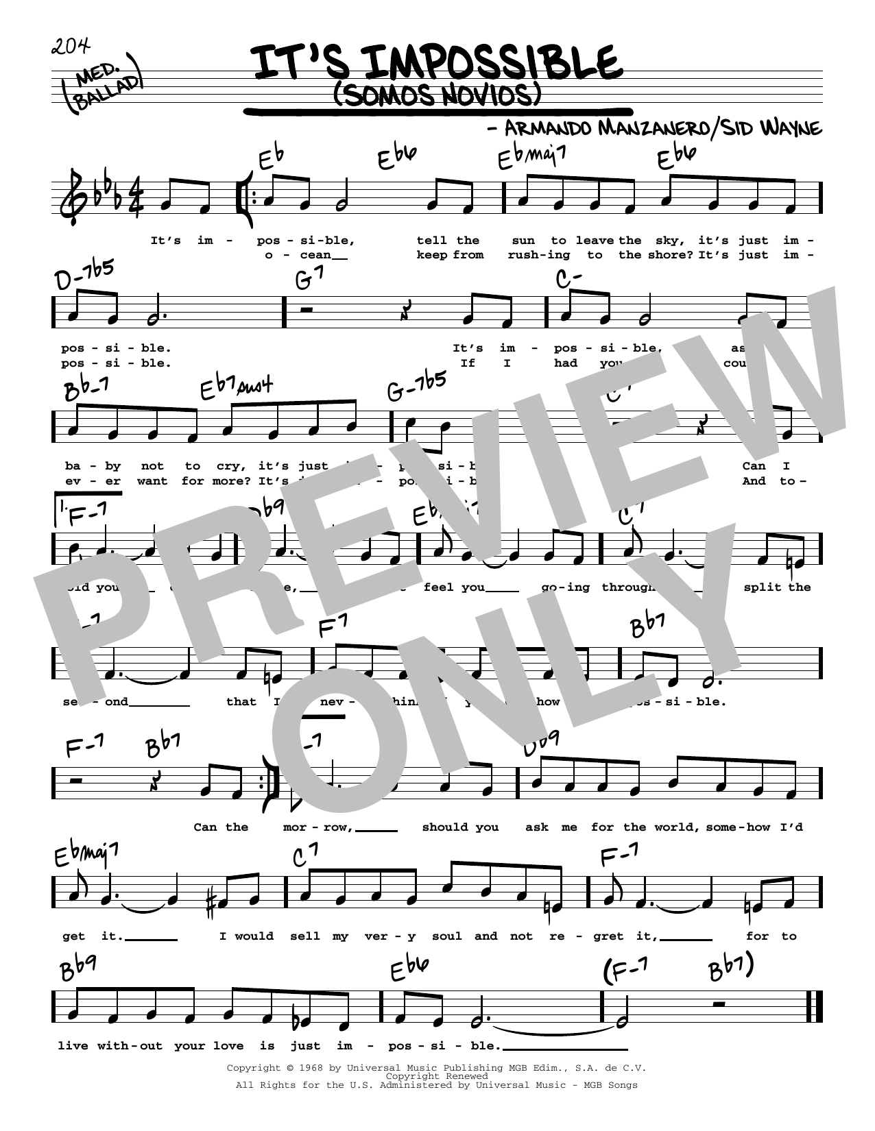 Learn to play Elvis Presley It's Impossible (Somos Novios) (Low Voice) sheet music for Real Book – Melody, Lyrics & Chords in minutes. Price: 5.9900$ Elvis Presley It's Impossible (Somos Novios) (Low Voice) sheet music notes and chords arranged for Real Book – Melody, Lyrics & Chords