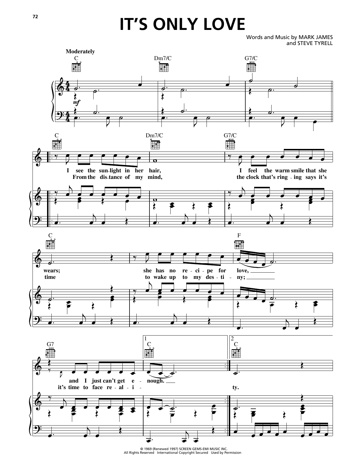 Elvis Presley It's Only Love sheet music notes and chords arranged for Piano, Vocal & Guitar Chords (Right-Hand Melody)