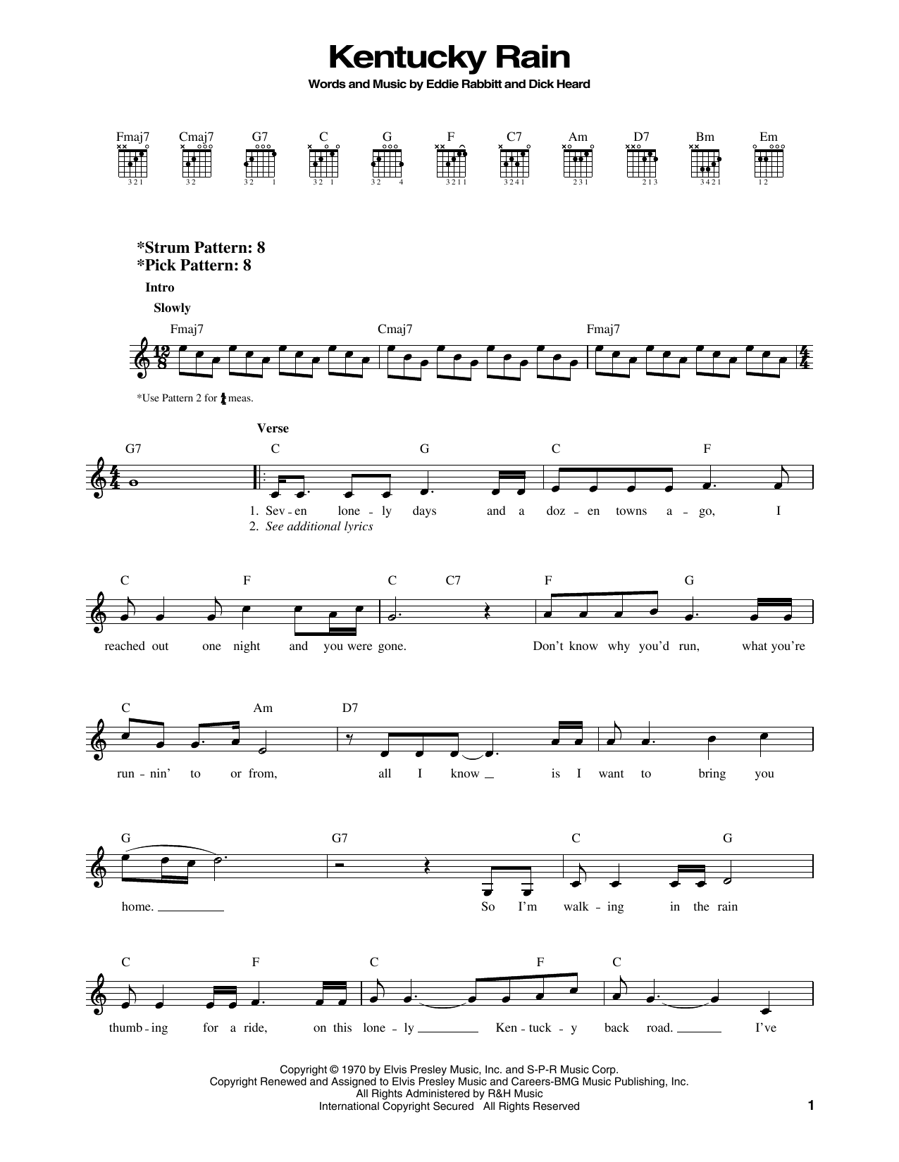 Elvis Presley Kentucky Rain sheet music notes and chords. Download Printable PDF.