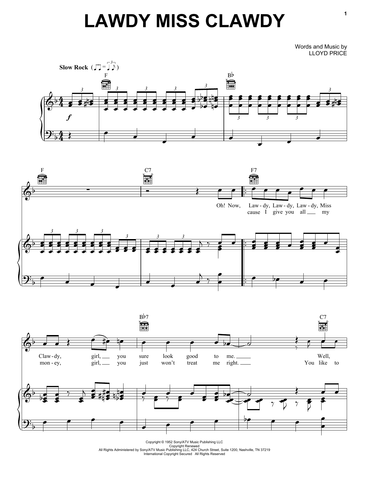 Elvis Presley Lawdy Miss Clawdy sheet music notes and chords. Download Printable PDF.