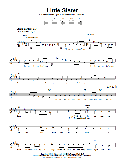 Elvis Presley Little Sister sheet music notes and chords. Download Printable PDF.