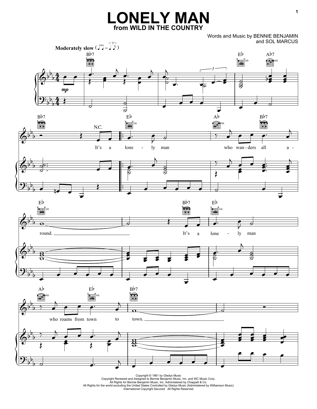 Elvis Presley Lonely Man sheet music notes and chords arranged for Piano, Vocal & Guitar Chords (Right-Hand Melody)