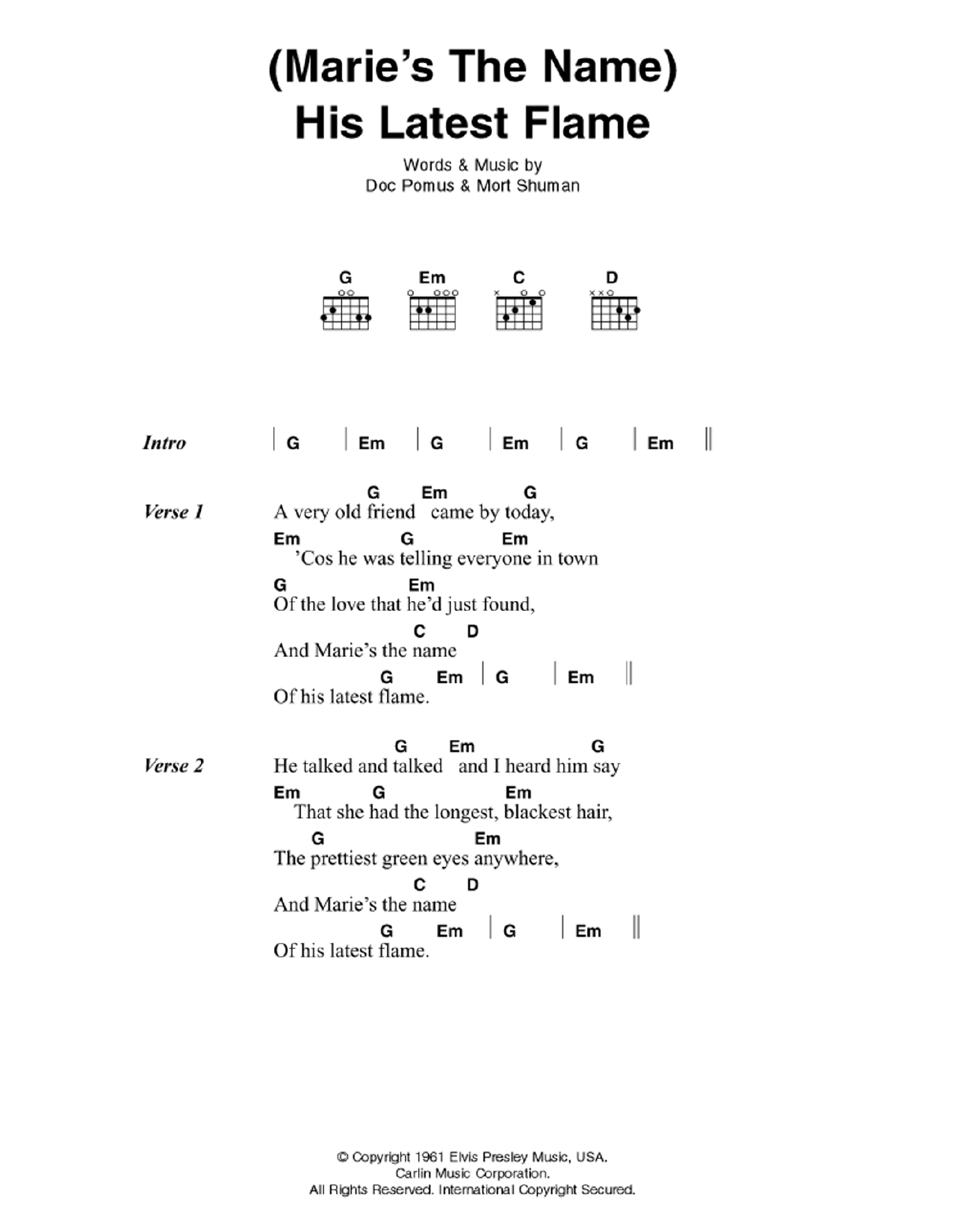 Elvis Presley (Marie's The Name) His Latest Flame sheet music notes and chords. Download Printable PDF.