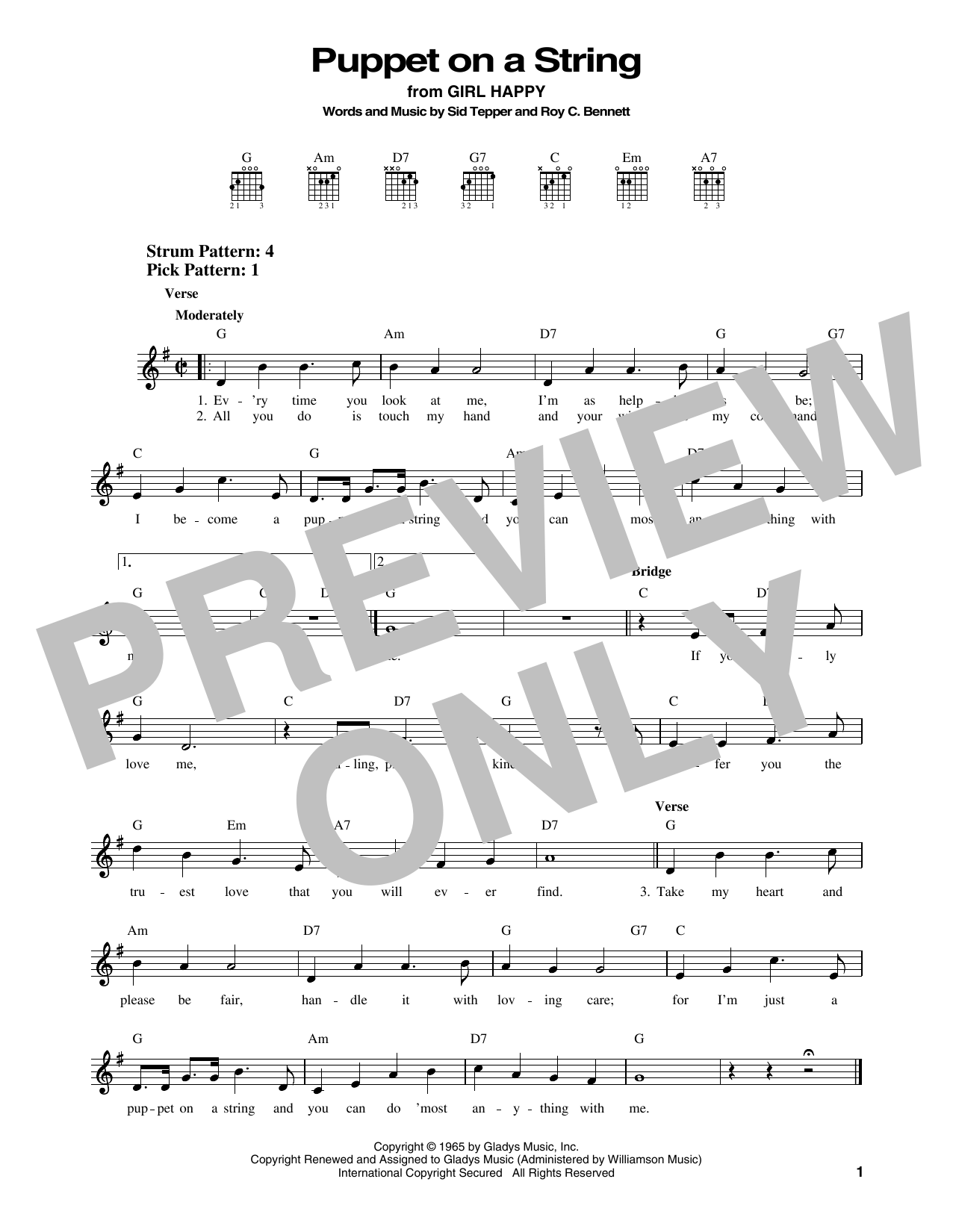 Elvis Presley Puppet On A String sheet music notes and chords. Download Printable PDF.