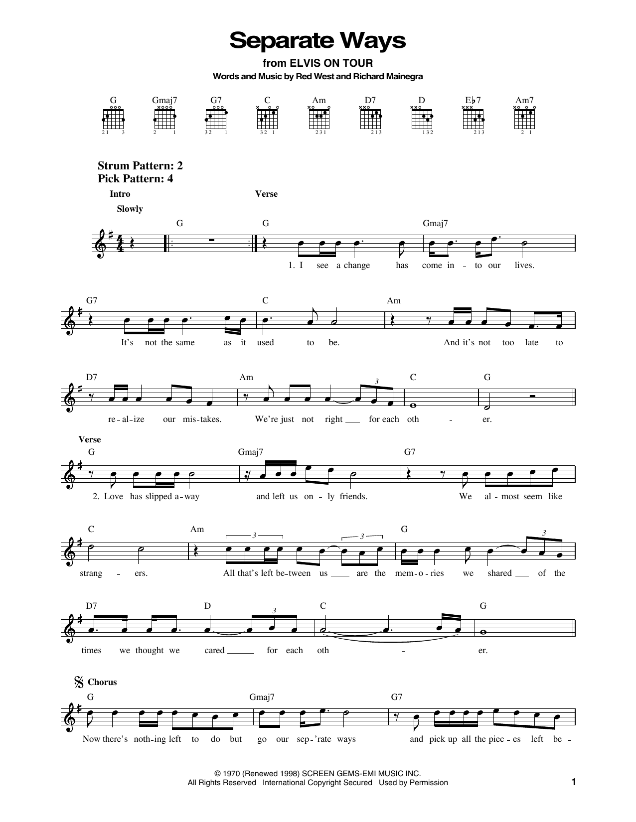 Elvis Presley Separate Ways sheet music notes and chords. Download Printable PDF.