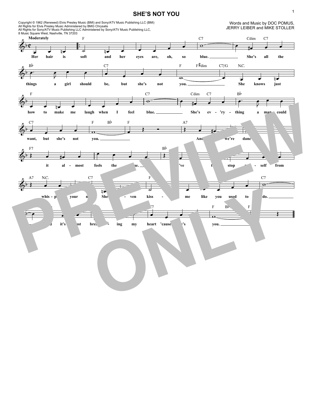 Elvis Presley She's Not You sheet music notes and chords. Download Printable PDF.