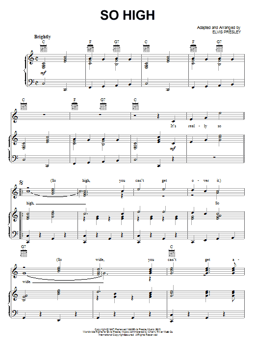 Elvis Presley So High sheet music notes and chords arranged for Piano, Vocal & Guitar Chords (Right-Hand Melody)