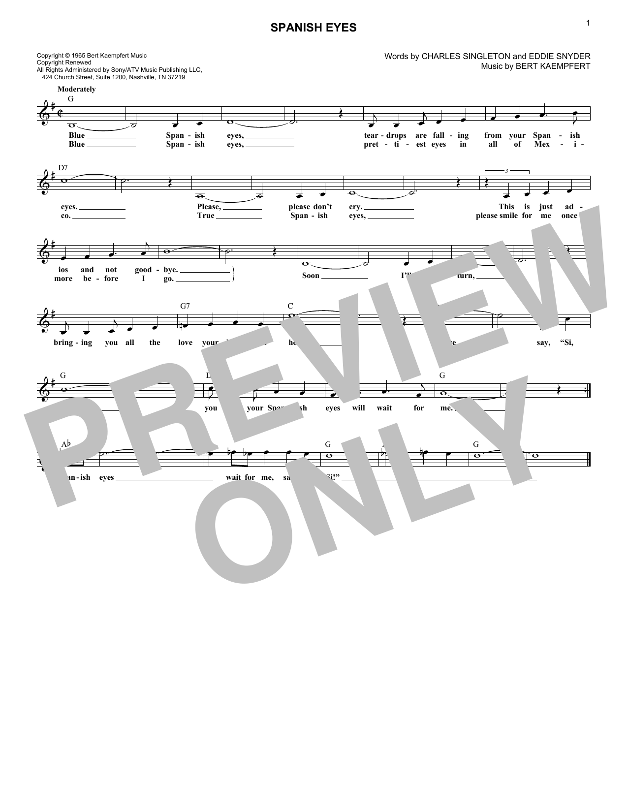 Elvis Presley Spanish Eyes sheet music notes and chords. Download Printable PDF.