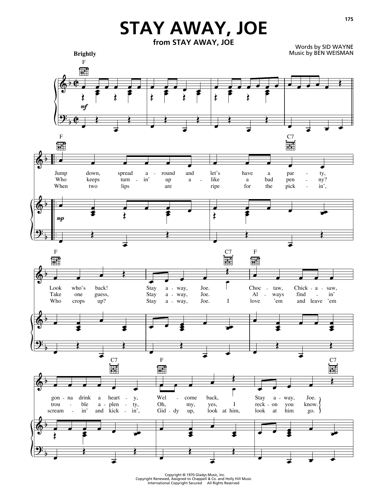 Learn to play Elvis Presley Stay Away, Joe sheet music for Piano, Vocal & Guitar Chords (Right-Hand Melody) in minutes. Price: 7.8900$ Elvis Presley Stay Away, Joe sheet music notes and chords arranged for Piano, Vocal & Guitar Chords (Right-Hand Melody)