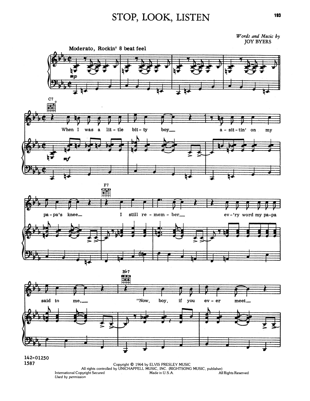 Learn to play Elvis Presley Stop, Look, Listen sheet music for Piano, Vocal & Guitar Chords (Right-Hand Melody) in minutes. Price: 7.8900$ Elvis Presley Stop, Look, Listen sheet music notes and chords arranged for Piano, Vocal & Guitar Chords (Right-Hand Melody)