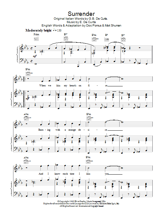 Elvis Presley Surrender sheet music notes and chords arranged for Piano, Vocal & Guitar Chords