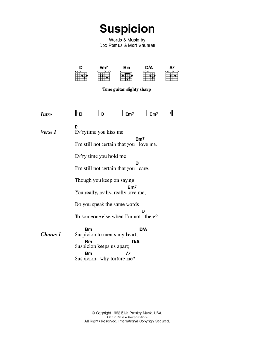 Elvis Presley Suspicion sheet music notes and chords. Download Printable PDF.