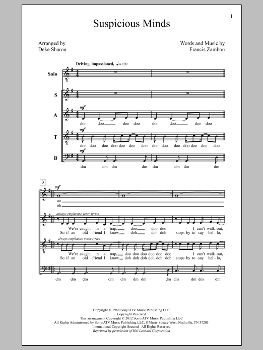 Elvis Presley Suspicious Minds (arr. Deke Sharon) sheet music notes and chords. Download Printable PDF.