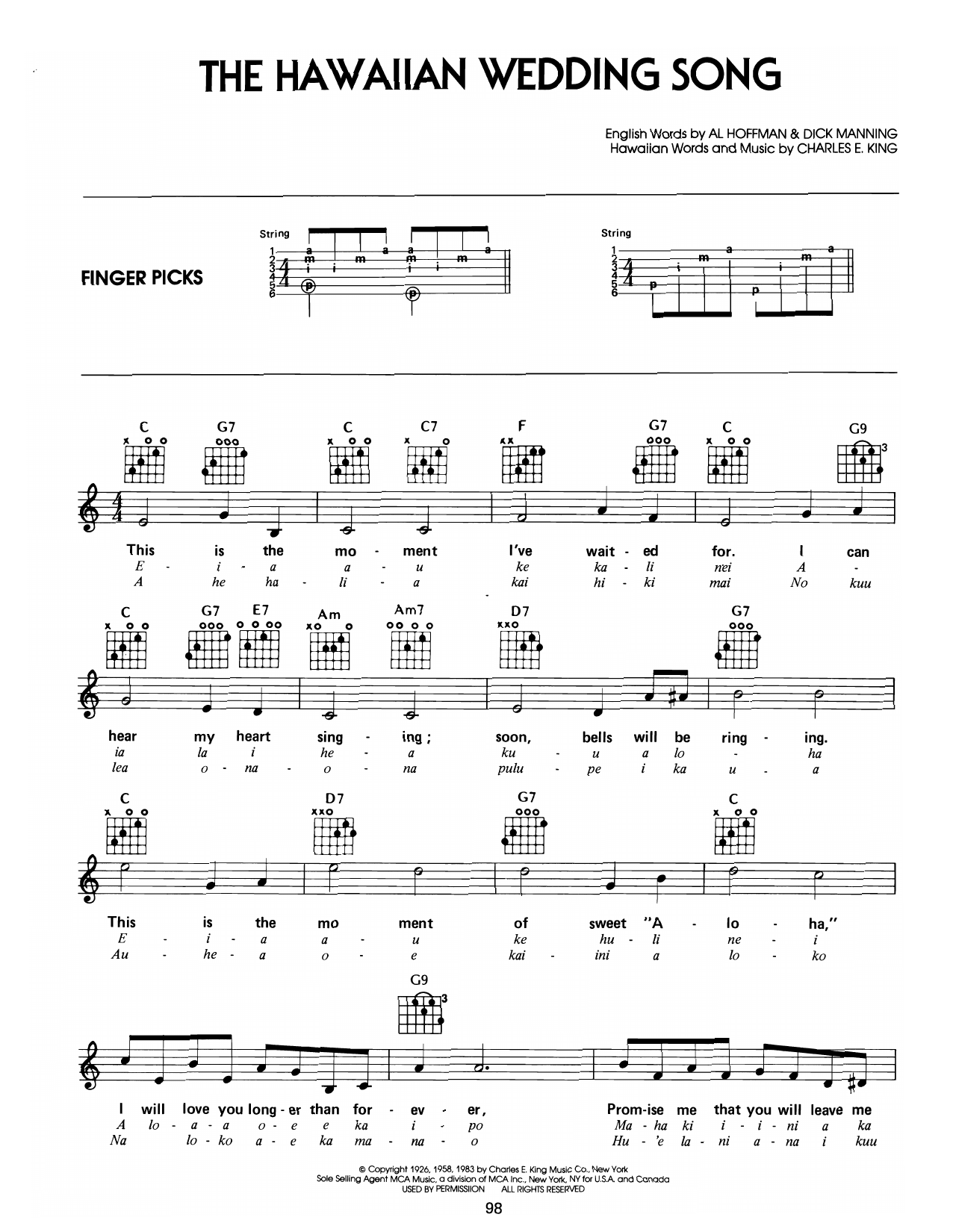 Learn to play Elvis Presley The Hawaiian Wedding Song (Ke Kali Nei Au) sheet music for Easy Guitar in minutes. Price: 5.9900$ Elvis Presley The Hawaiian Wedding Song (Ke Kali Nei Au) sheet music notes and chords arranged for Easy Guitar