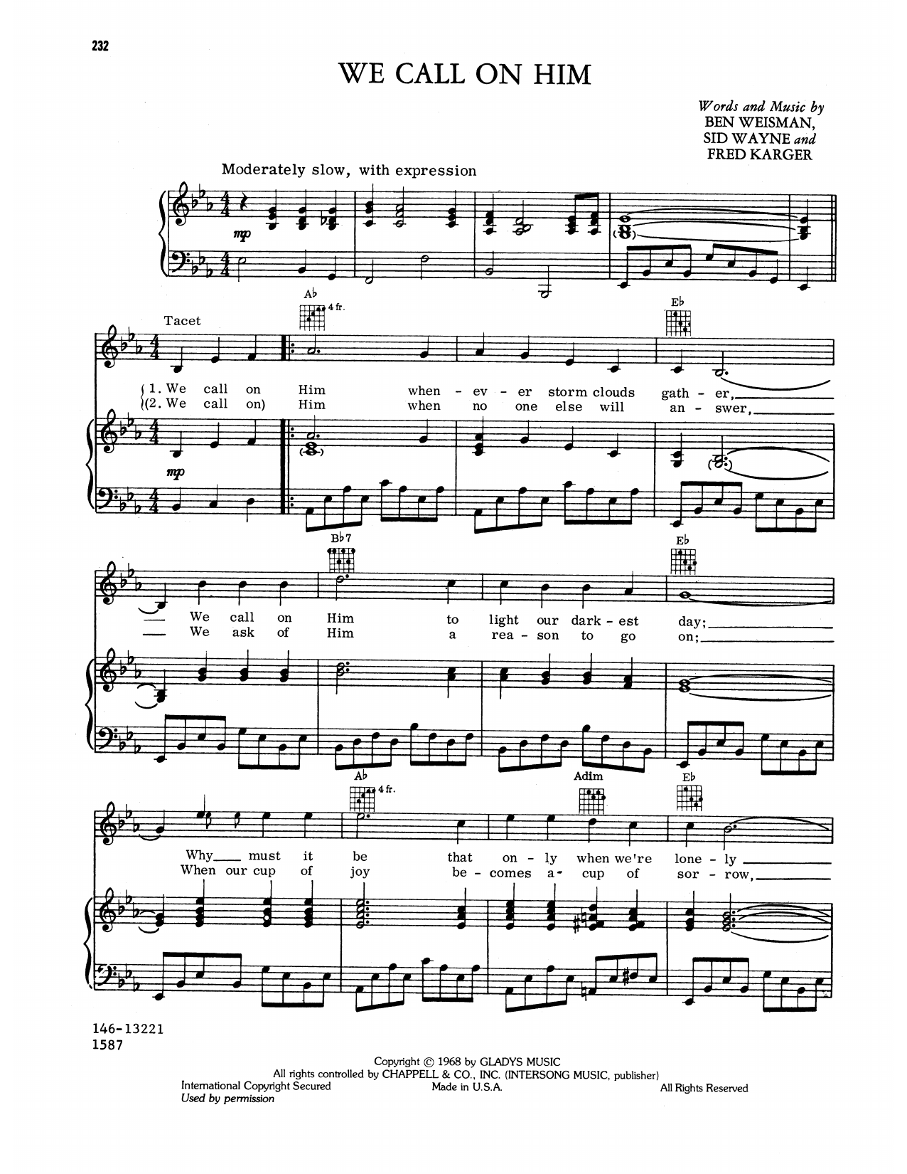 Learn to play Elvis Presley We Call On Him sheet music for Piano, Vocal & Guitar Chords (Right-Hand Melody) in minutes. Price: 7.8900$ Elvis Presley We Call On Him sheet music notes and chords arranged for Piano, Vocal & Guitar Chords (Right-Hand Melody)