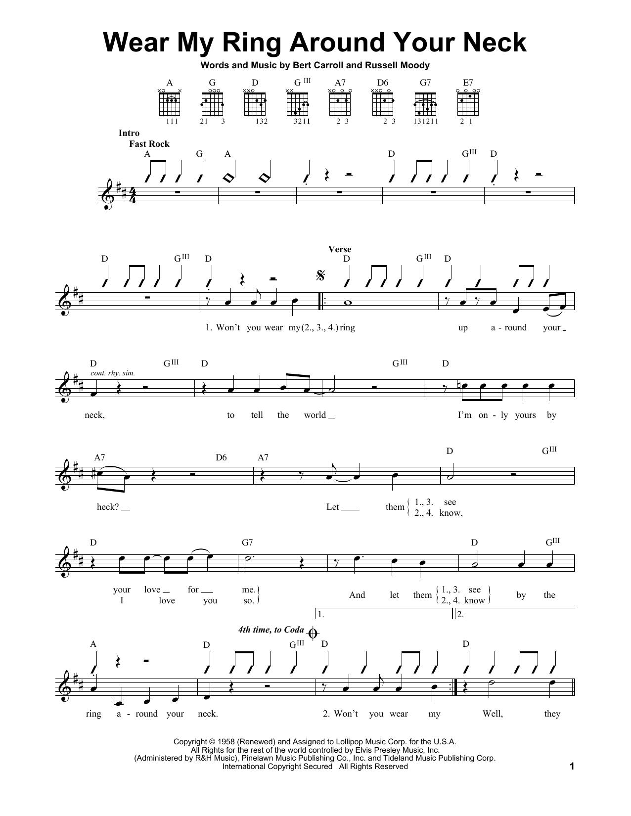 Elvis Presley Wear My Ring Around Your Neck sheet music notes and chords. Download Printable PDF.