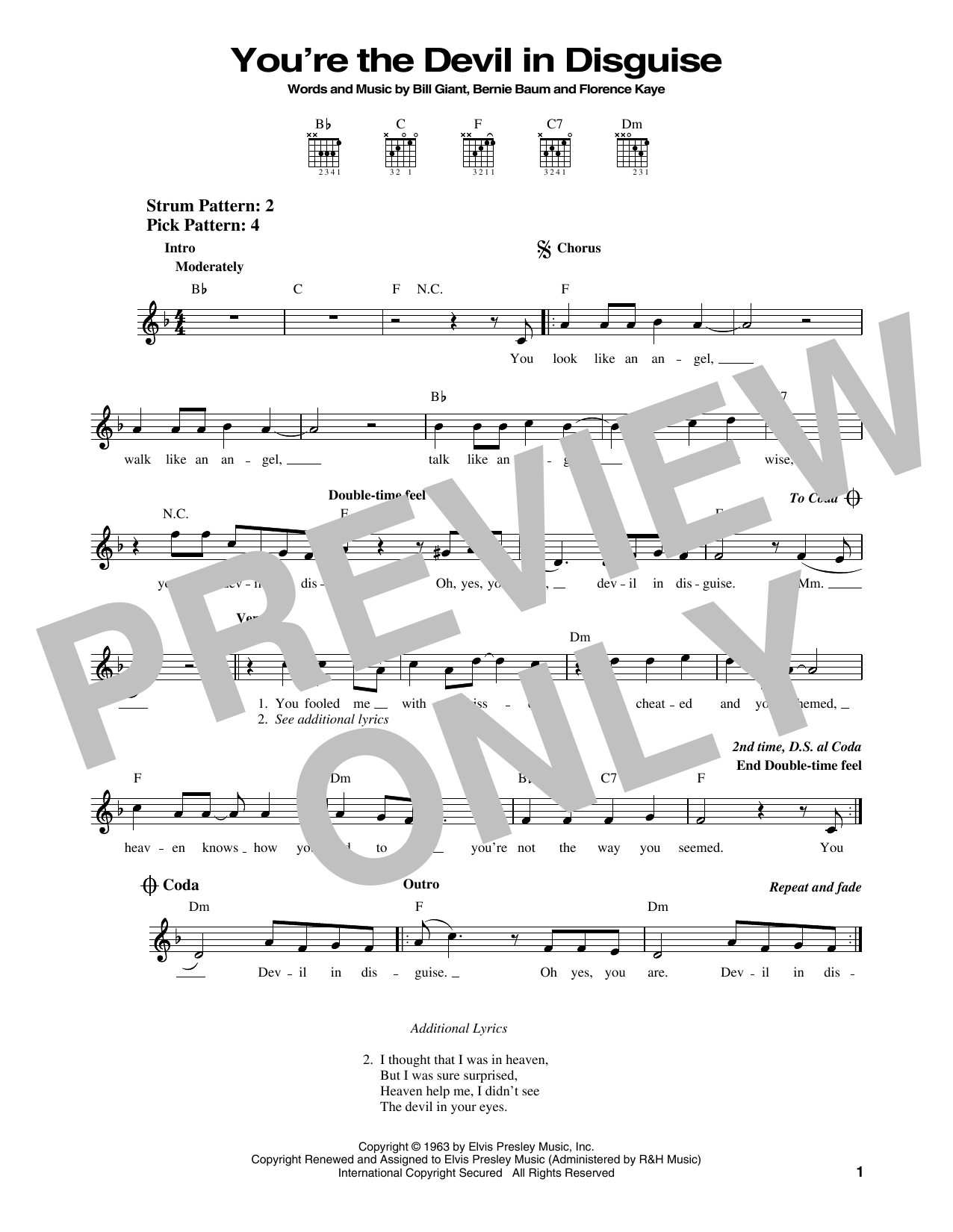 Elvis Presley (You're The) Devil In Disguise sheet music notes and chords. Download Printable PDF.