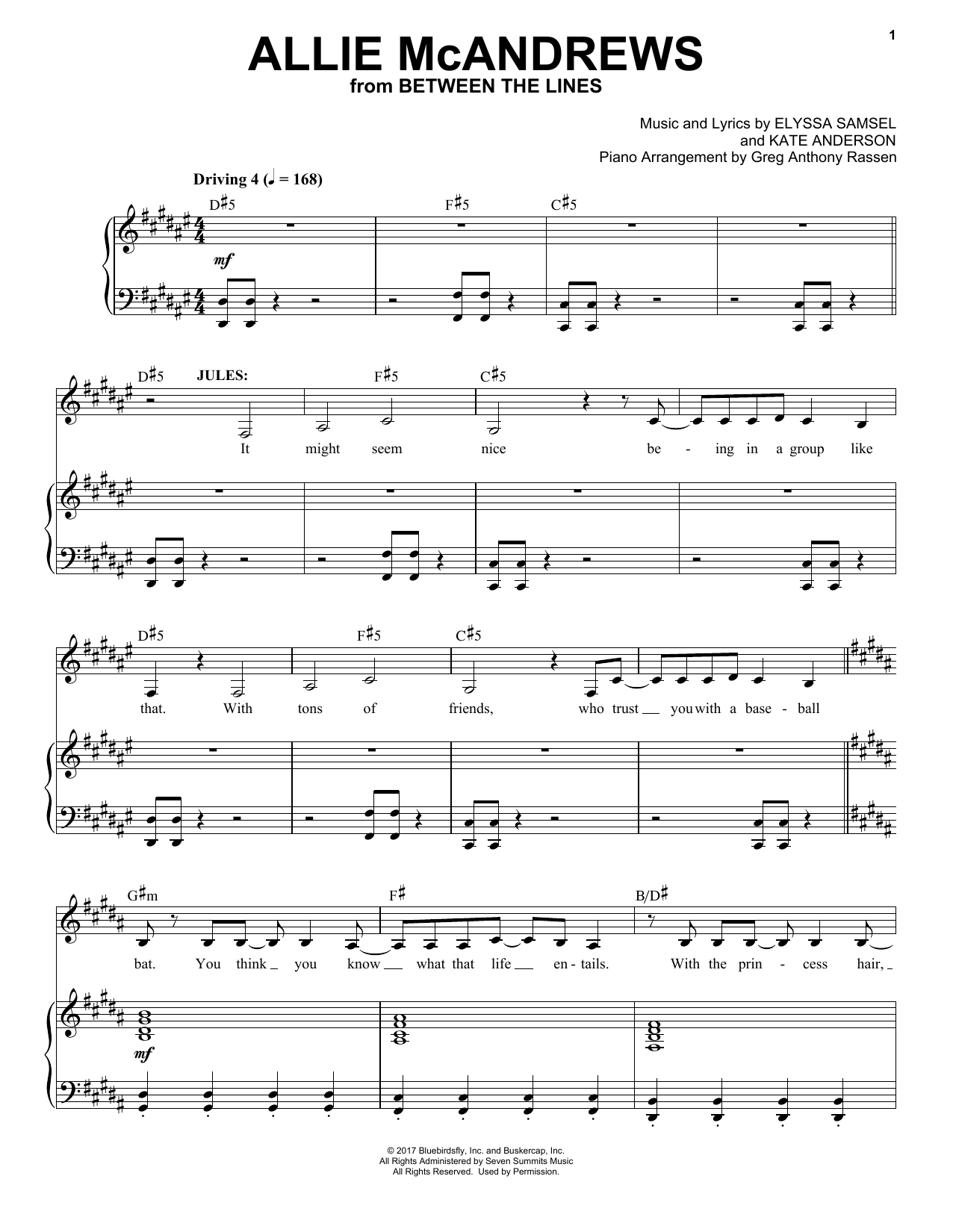 Elyssa Samsel & Kate Anderson Allie McAndrews (from Between The Lines) sheet music notes and chords. Download Printable PDF.