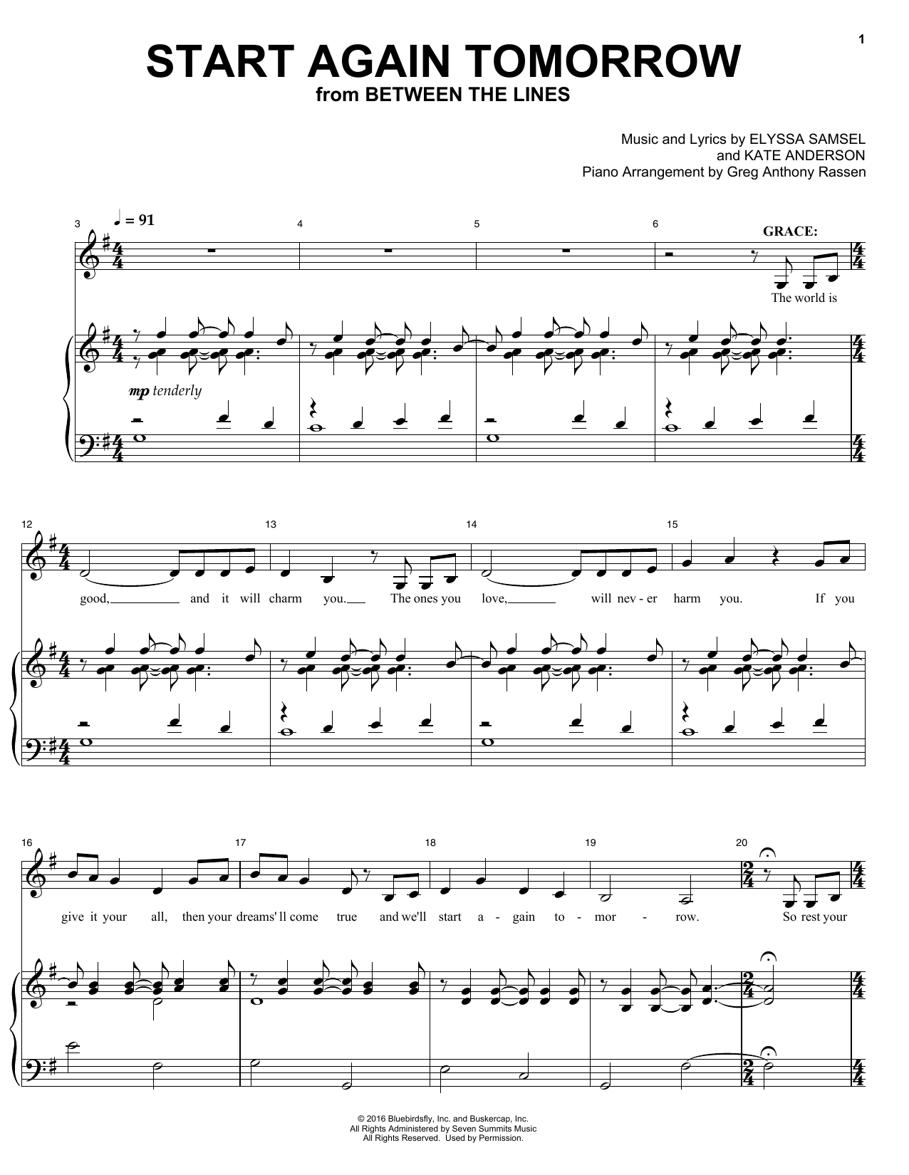 Elyssa Samsel & Kate Anderson Start Again Tomorrow (from Between The Lines) sheet music notes and chords. Download Printable PDF.