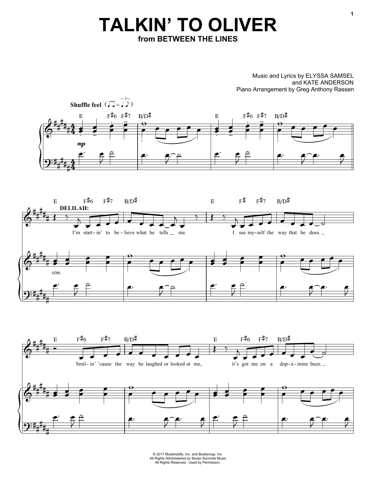 Elyssa Samsel & Kate Anderson Talkin' To Oliver (from Between The Lines) sheet music notes and chords. Download Printable PDF.