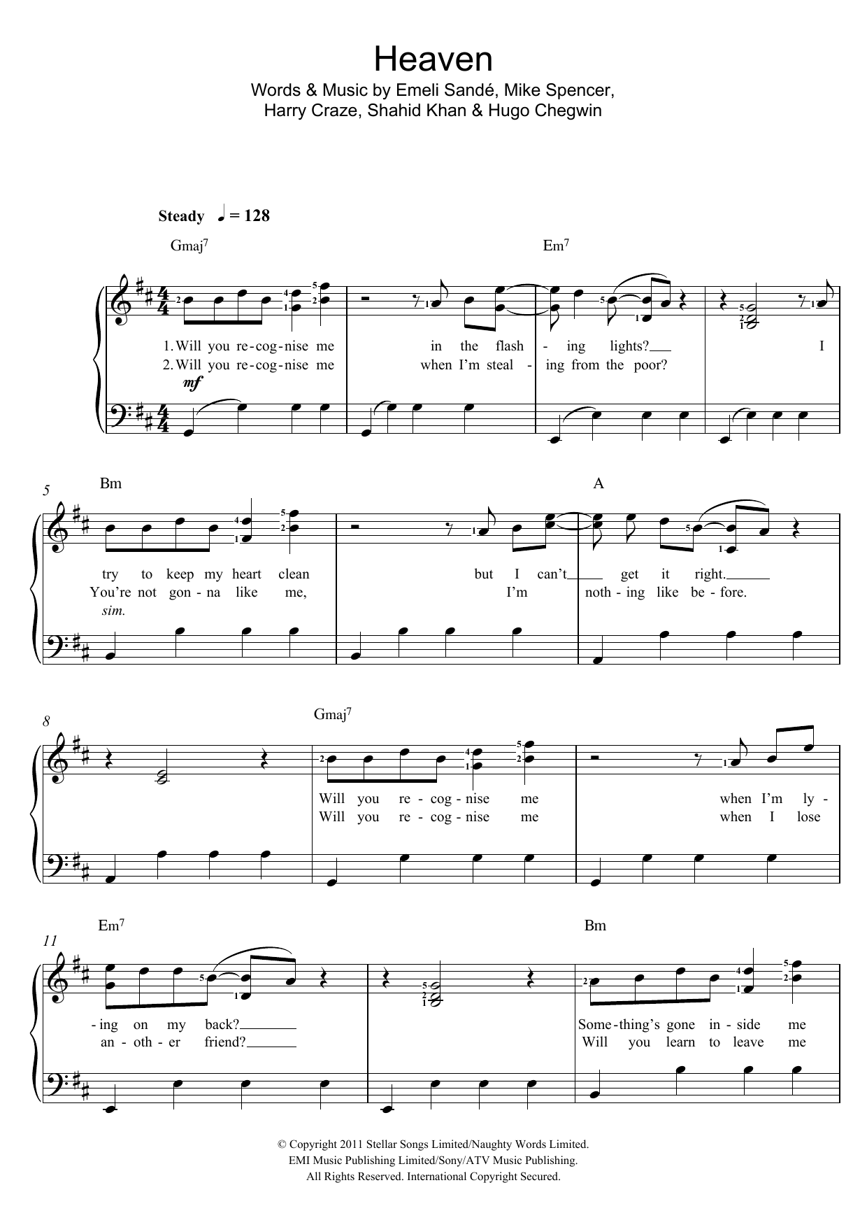 Learn to play Emeli Sandé Heaven sheet music for Piano & Vocal in minutes. Price: 7.8900$ Emeli Sandé Heaven sheet music notes and chords arranged for Piano & Vocal