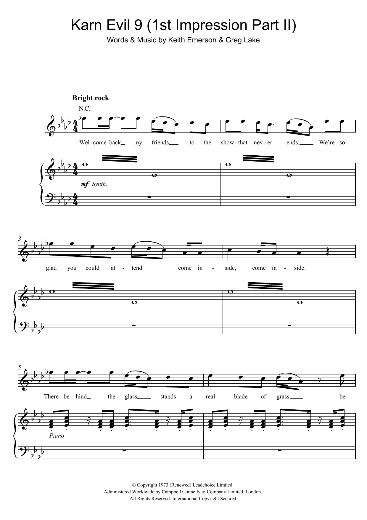 Learn to play Emerson, Lake & Palmer Karn Evil 9 (1st Impression Pt. 2) sheet music for Piano, Vocal & Guitar Chords in minutes. Price: 7.8900$ Emerson, Lake & Palmer Karn Evil 9 (1st Impression Pt. 2) sheet music notes and chords arranged for Piano, Vocal & Guitar Chords