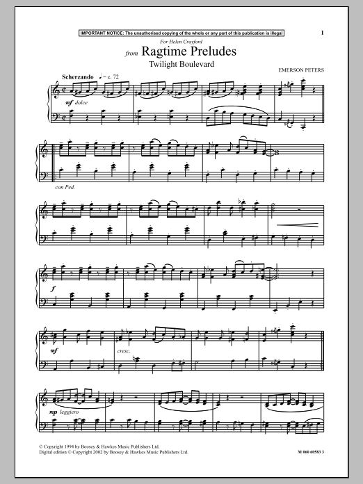 Learn to play Emerson Peters Twilight Boulevard (from Ragtime Preludes) sheet music for Piano Solo in minutes. Price: 7.8900$ Emerson Peters Twilight Boulevard (from Ragtime Preludes) sheet music notes and chords arranged for Piano Solo