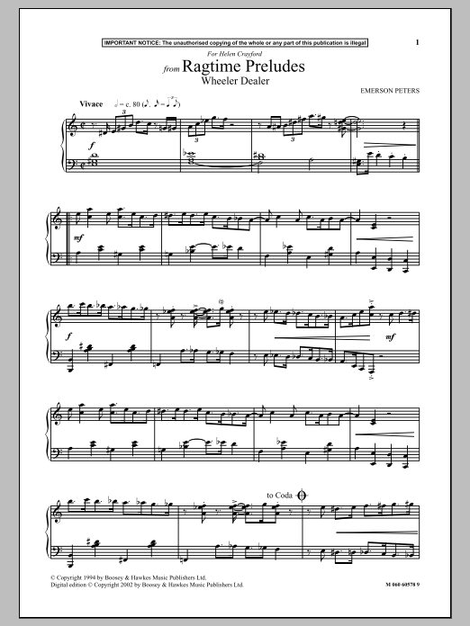 Learn to play Emerson Peters Wheeler Dealer (from Ragtime Preludes) sheet music for Piano Solo in minutes. Price: 7.8900$ Emerson Peters Wheeler Dealer (from Ragtime Preludes) sheet music notes and chords arranged for Piano Solo