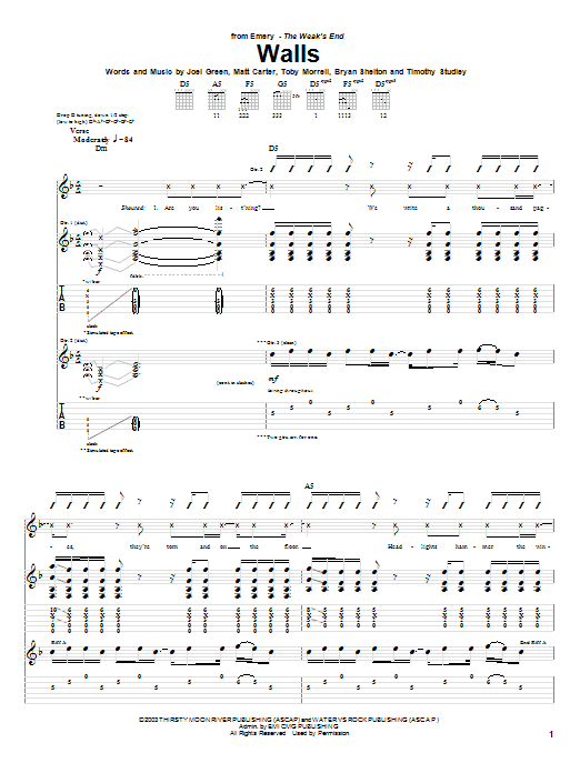 Learn to play Emery Walls sheet music for Guitar Tab in minutes. Price: 7.8900$ Emery Walls sheet music notes and chords arranged for Guitar Tab