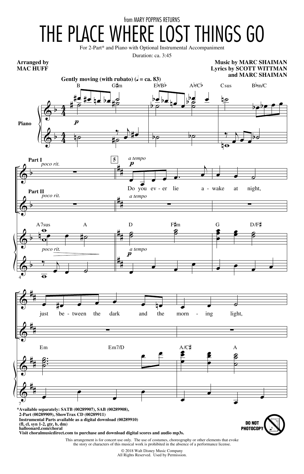 Learn to play Emily Blunt The Place Where Lost Things Go (from Mary Poppins Returns) (arr. Mac Huff) sheet music for 2-Part Choir in minutes. Price: 3.9900$ Emily Blunt The Place Where Lost Things Go (from Mary Poppins Returns) (arr. Mac Huff) sheet music notes and chords arranged for 2-Part Choir
