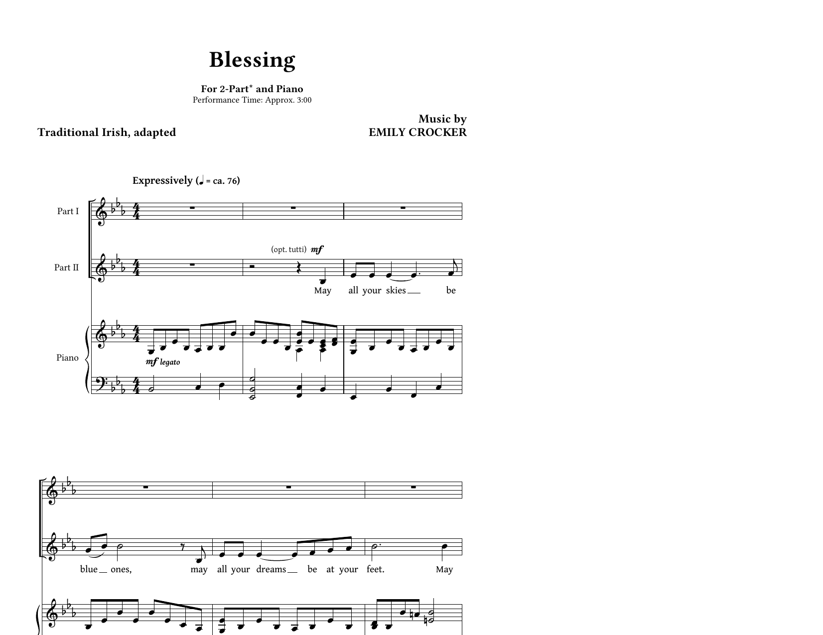 Learn to play Emily Crocker Blessing sheet music for 2-Part Choir in minutes. Price: 3.9900$ Emily Crocker Blessing sheet music notes and chords arranged for 2-Part Choir